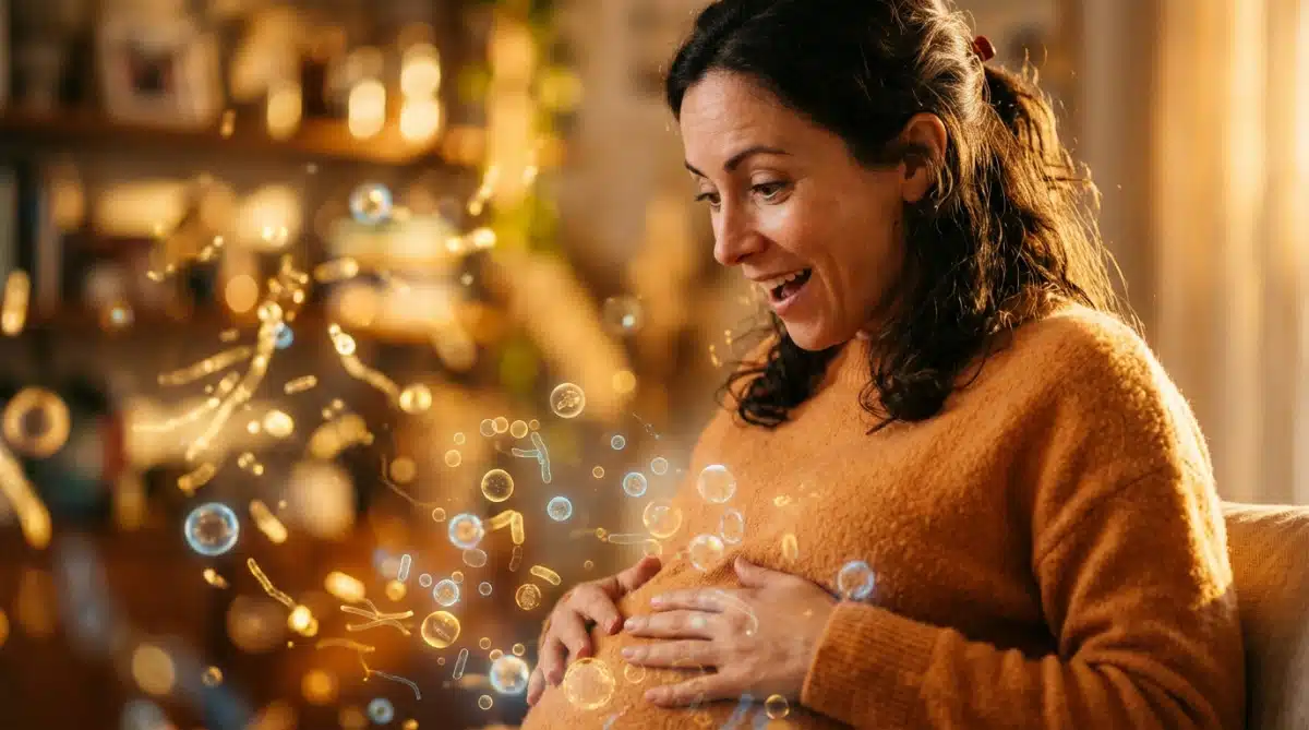 Personne étonnée touchant son ventre entouré de bactéries lumineuses