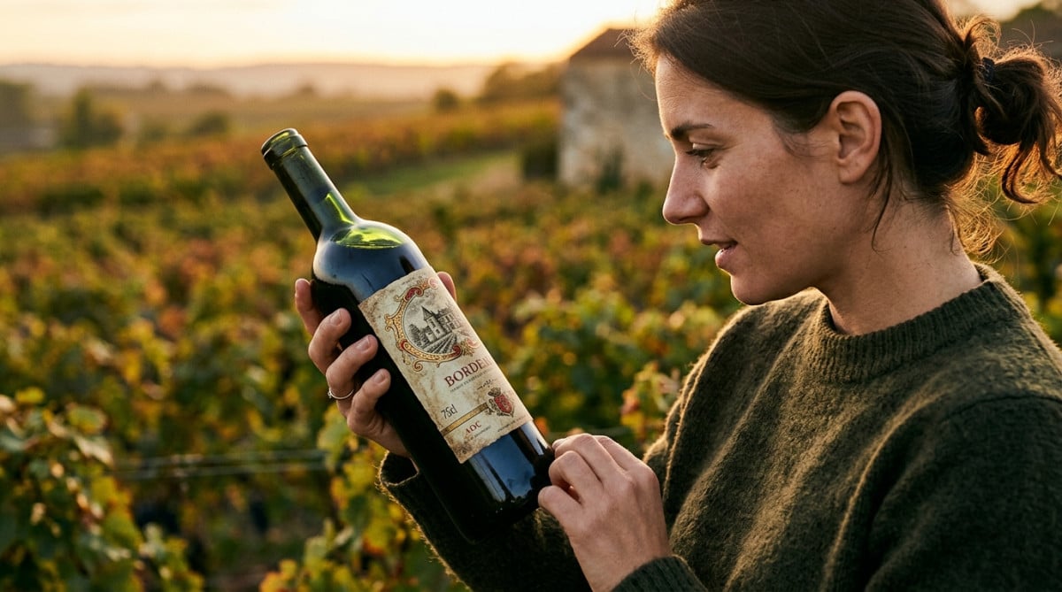 Personne examinant une bouteille de vin de 75 cl