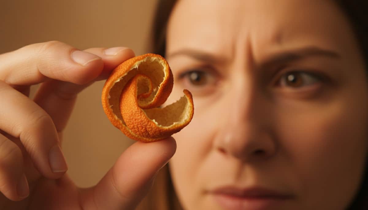 Personne examinant une peau d'orange desséchée et rétractée