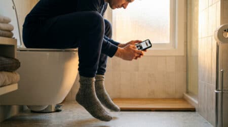 Personne lisant son smartphone assise aux toilettes
