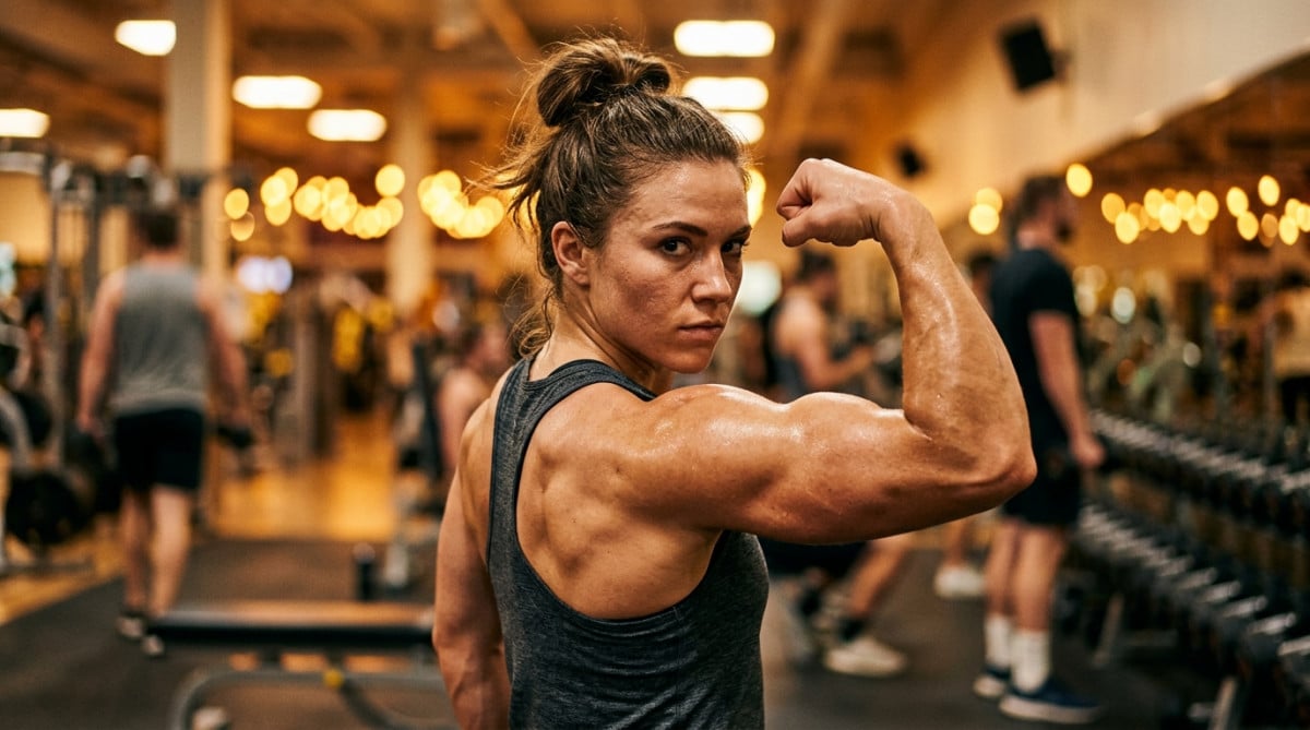 Personne musclée contractant son biceps dans une salle de sport