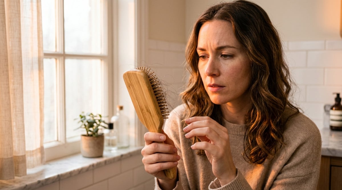 Personne observant des cheveux perdus dans une brosse