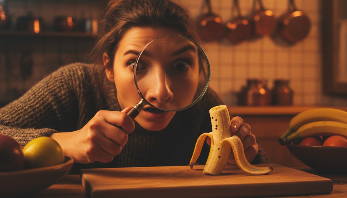Personne observant les petits points noirs dans une banane