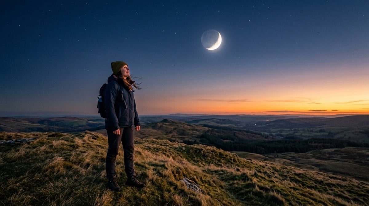Personne observant un croissant de lune depuis une colline