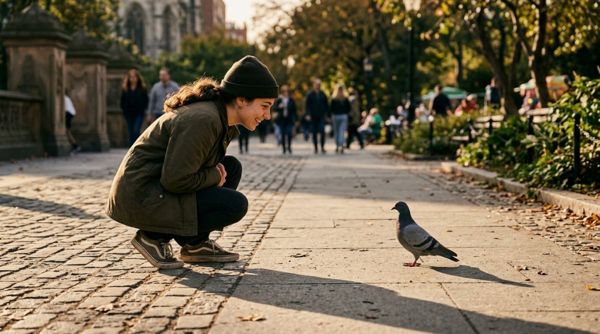Personne observant un pigeon de près dans une rue