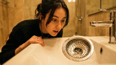Personne observant un tourbillon d'eau dans un lavabo