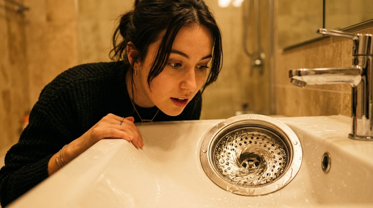 Personne observant un tourbillon d'eau dans un lavabo