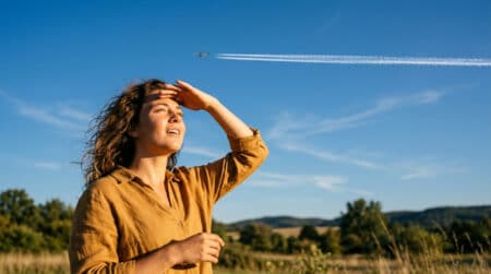 Personne observant une traînée blanche d'avion dans le ciel