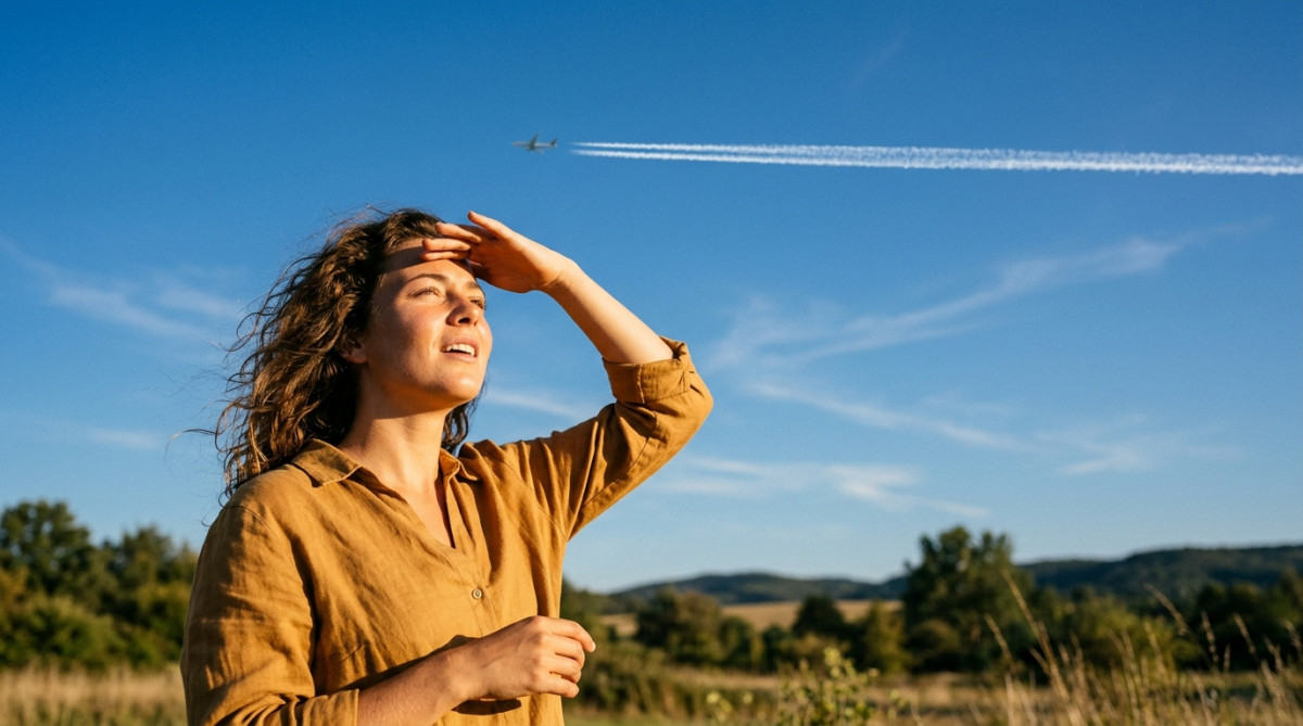 Personne observant une traînée blanche d'avion dans le ciel