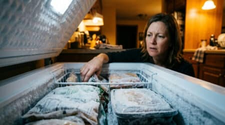Personne ouvrant un congélateur rempli d'aliments surgelés