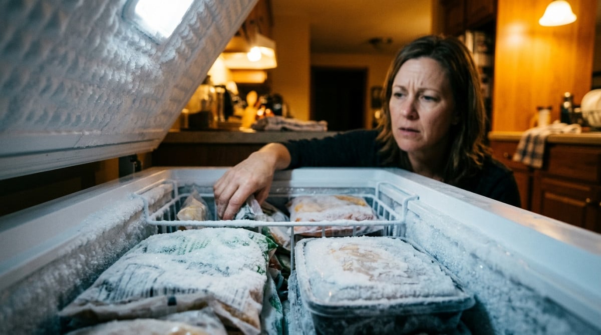 Personne ouvrant un congélateur rempli d'aliments surgelés