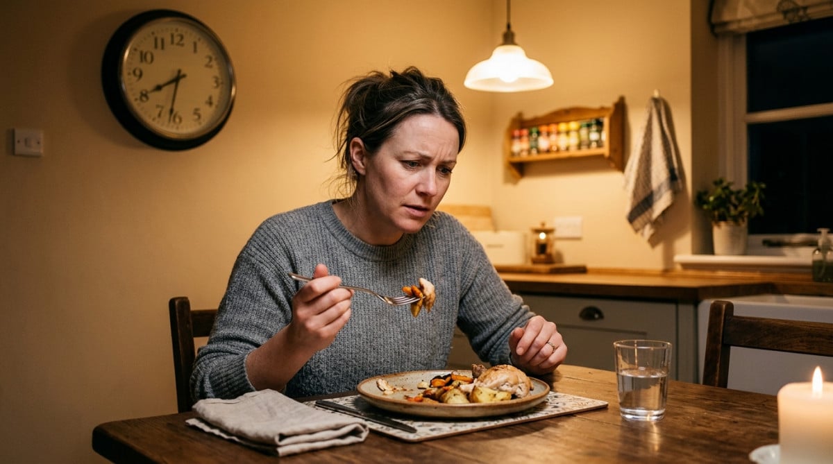 Personne perplexe devant son assiette pendant un repas