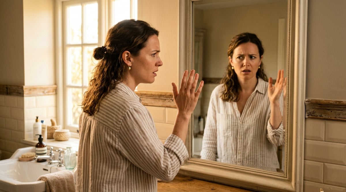 Personne perplexe devant son reflet inversé dans un miroir