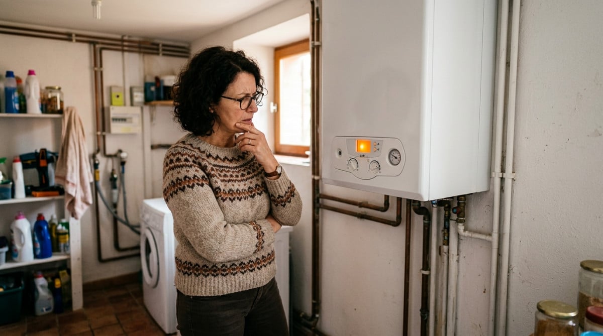 Personne perplexe devant une chaudière à gaz allumée inutilement
