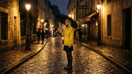 Personne portant un K-Way jaune sous la pluie à Paris années 60