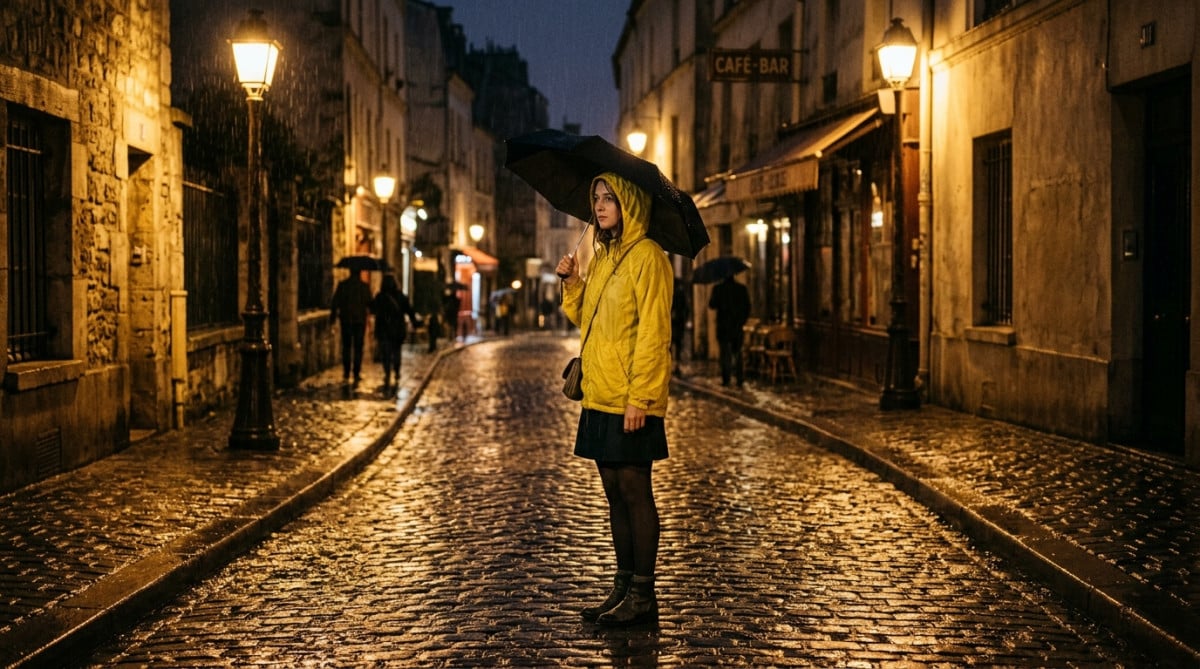 Personne portant un K-Way jaune sous la pluie à Paris années 60