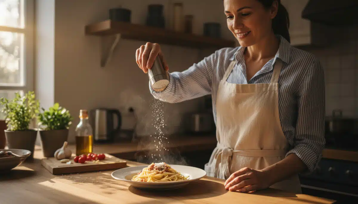 Personne qui sale ses pâtes maison sereinement