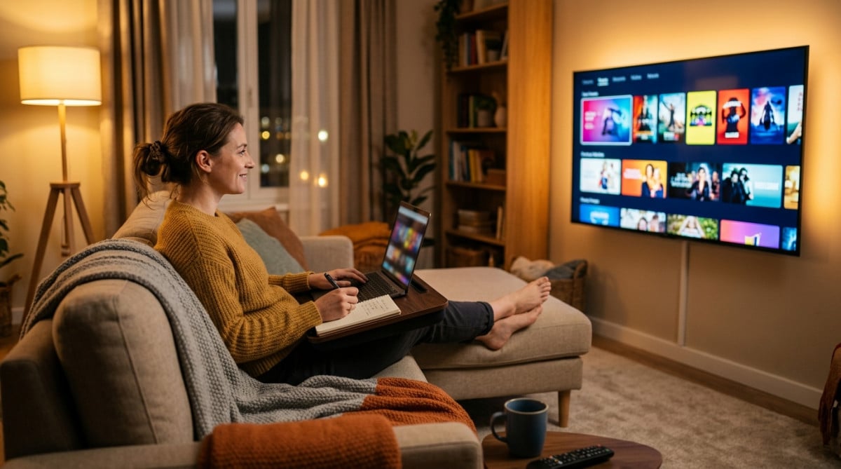 Personne regardant des séries sur un canapé avec un carnet
