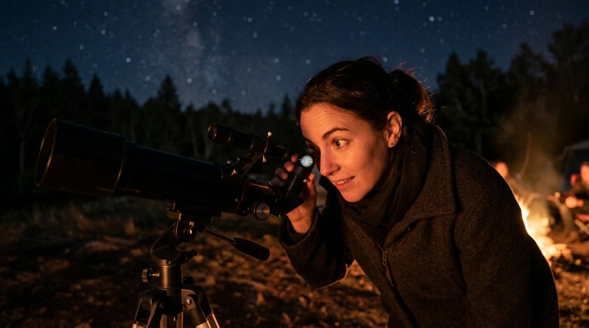 Personne regardant Jupiter au télescope avec émerveillement