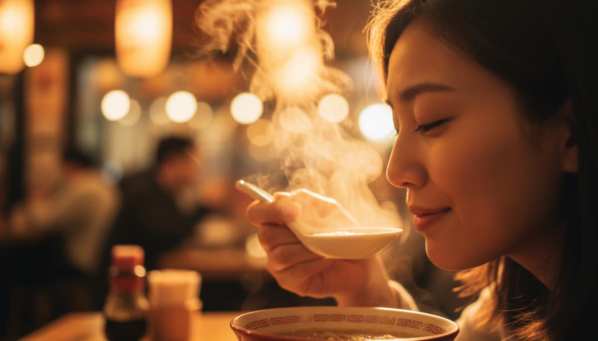 Personne savourant un bol de bouillon umami chaud