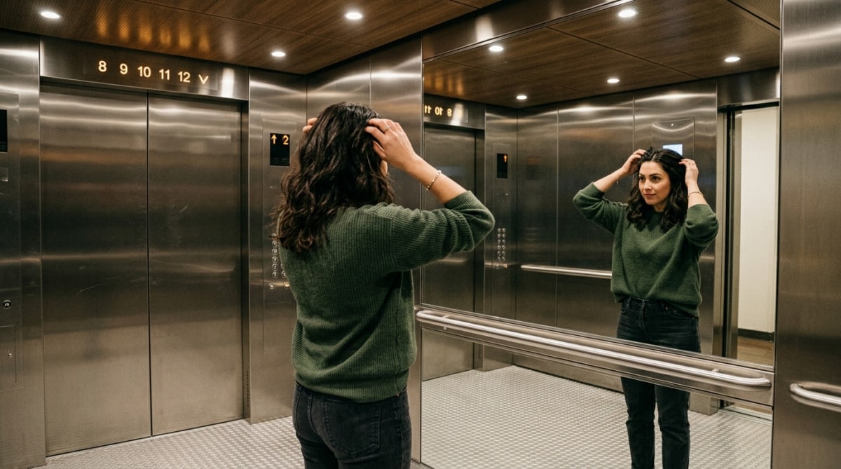 Personne se regardant dans le miroir d'un ascenseur moderne