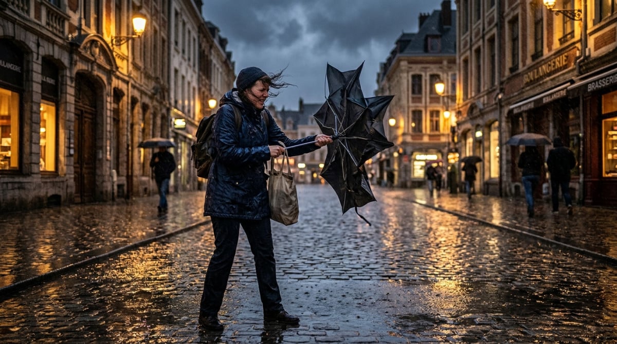 Personne sous la pluie avec parapluie à Lille