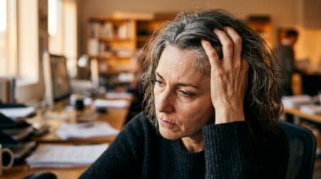 Personne stressée avec des mèches de cheveux blancs