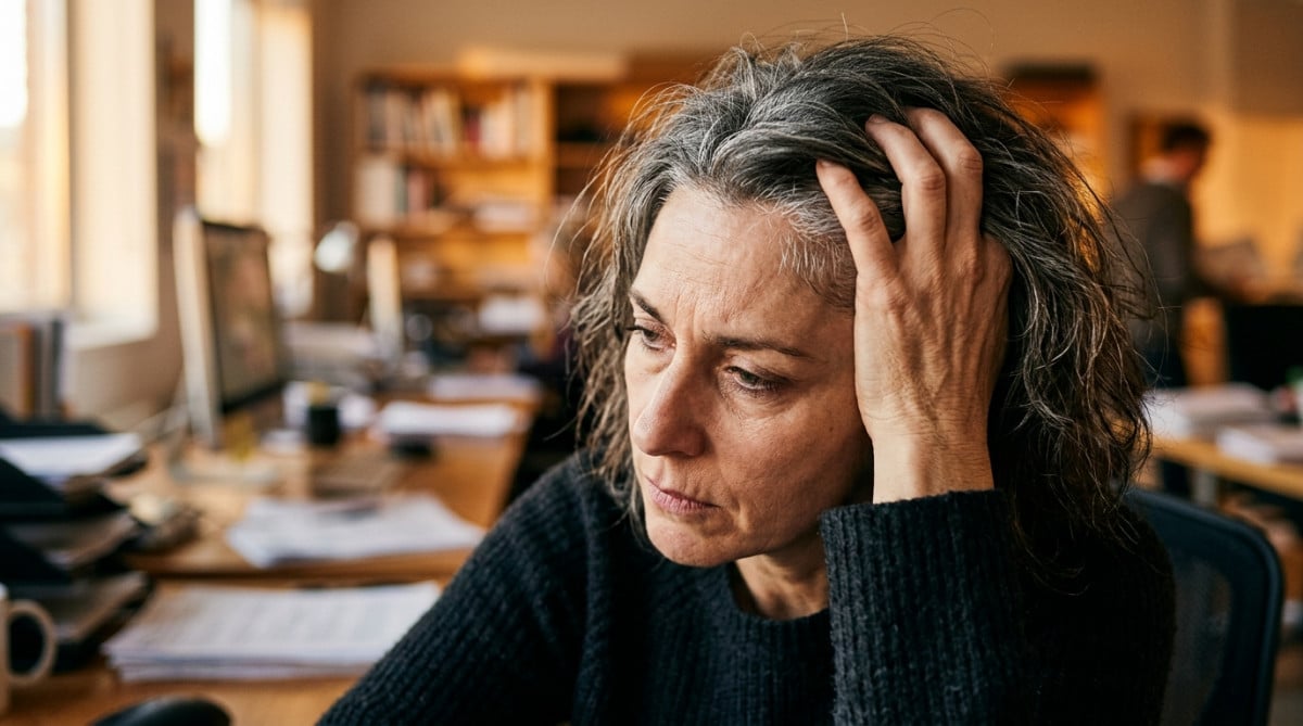 Personne stressée avec des mèches de cheveux blancs