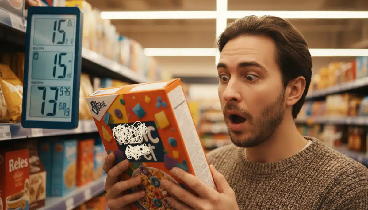 Personne surprise devant le prix des céréales au supermarché