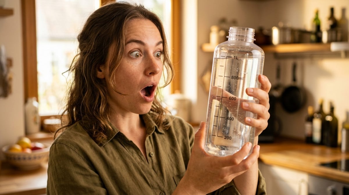 Personne surprise devant une bouteille d'un litre de salive