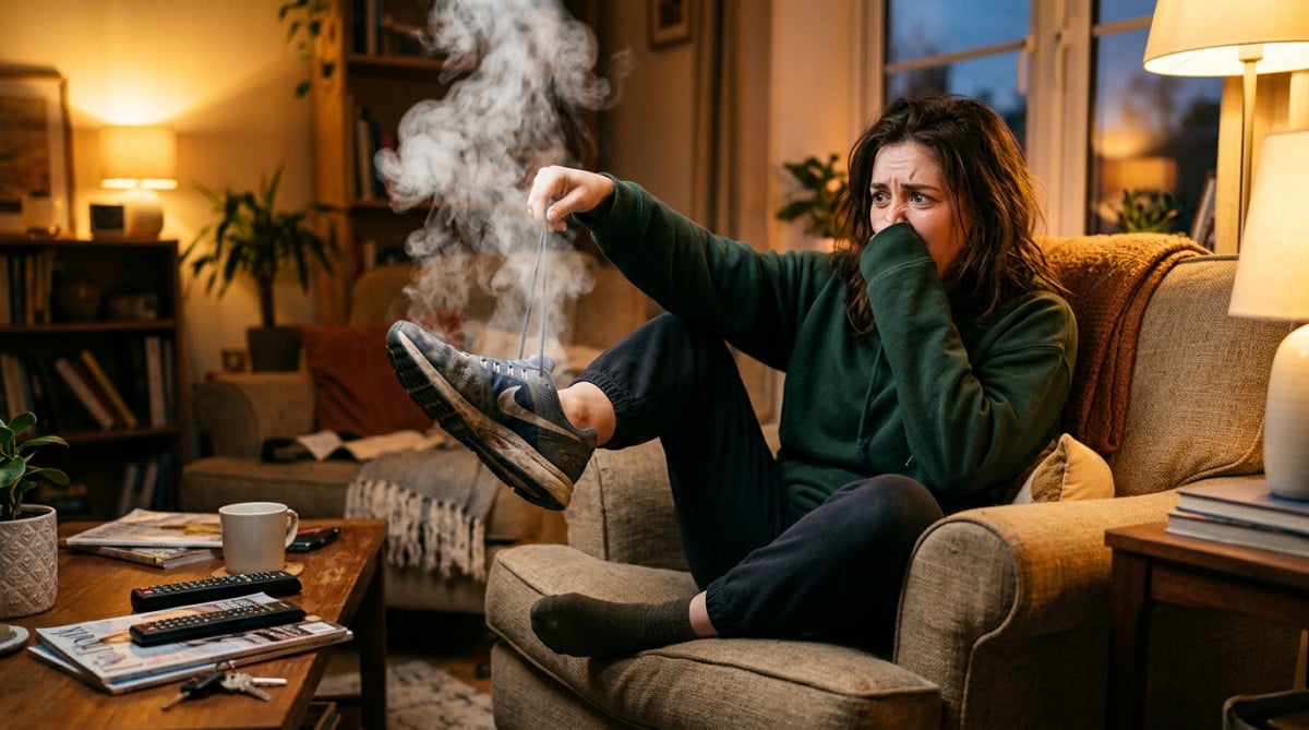 Personne surprise en retirant sa chaussure après une longue journée