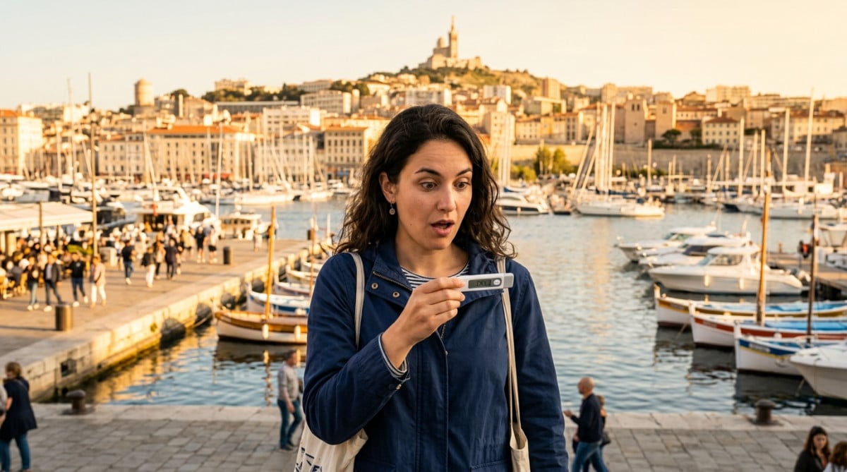 Personne surprise par la fraîcheur au Vieux-Port de Marseille