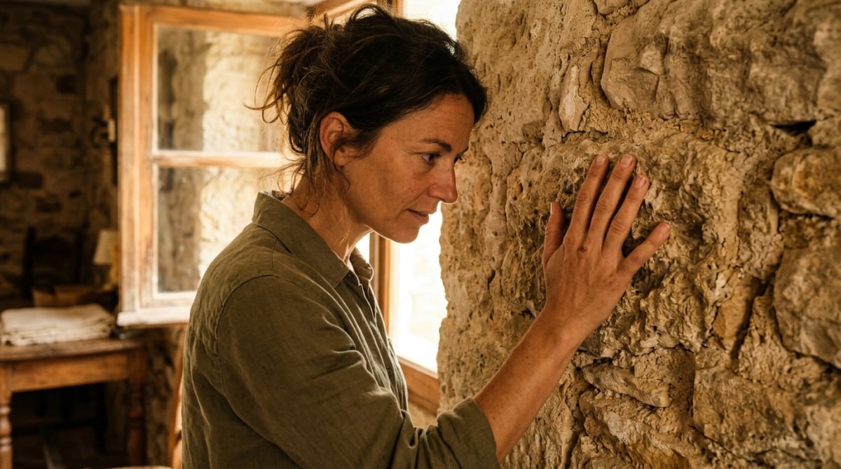 Personne touchant un vieux mur en pierre dans une maison