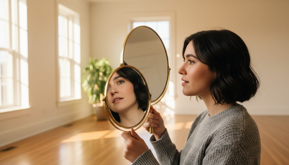 Personne utilisant deux miroirs pour voir sa propre tête