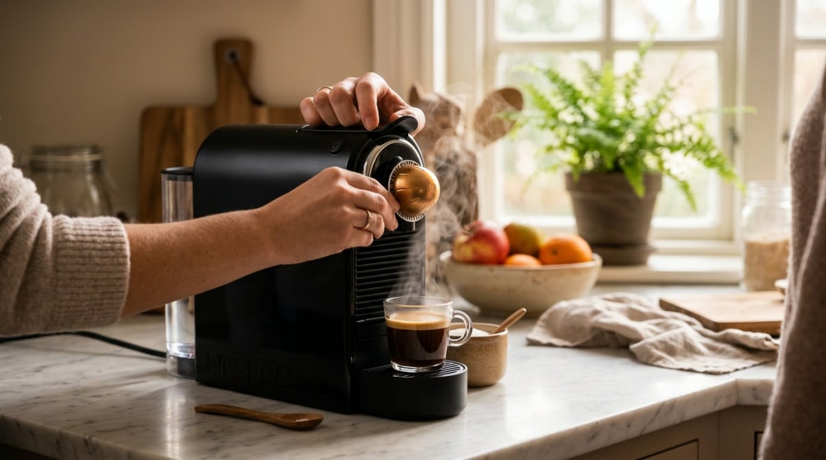Personne utilisant une machine Nespresso dans une cuisine