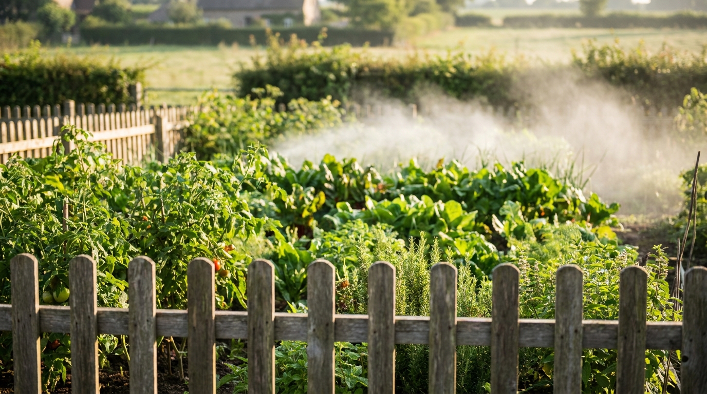 Brume de pulvérisation dérivant au-dessus d'une clôture de jardin