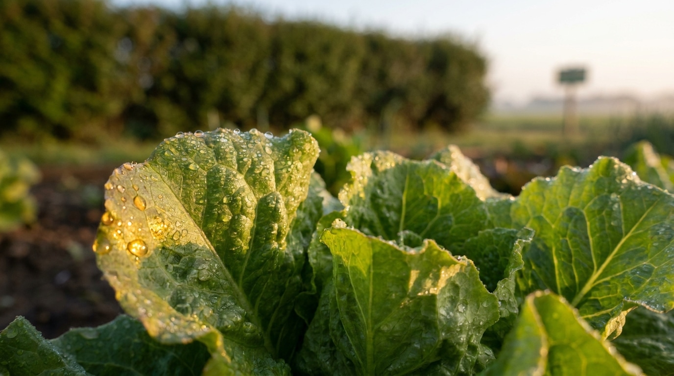 Gouttelettes fines déposées sur des feuilles de salade verte