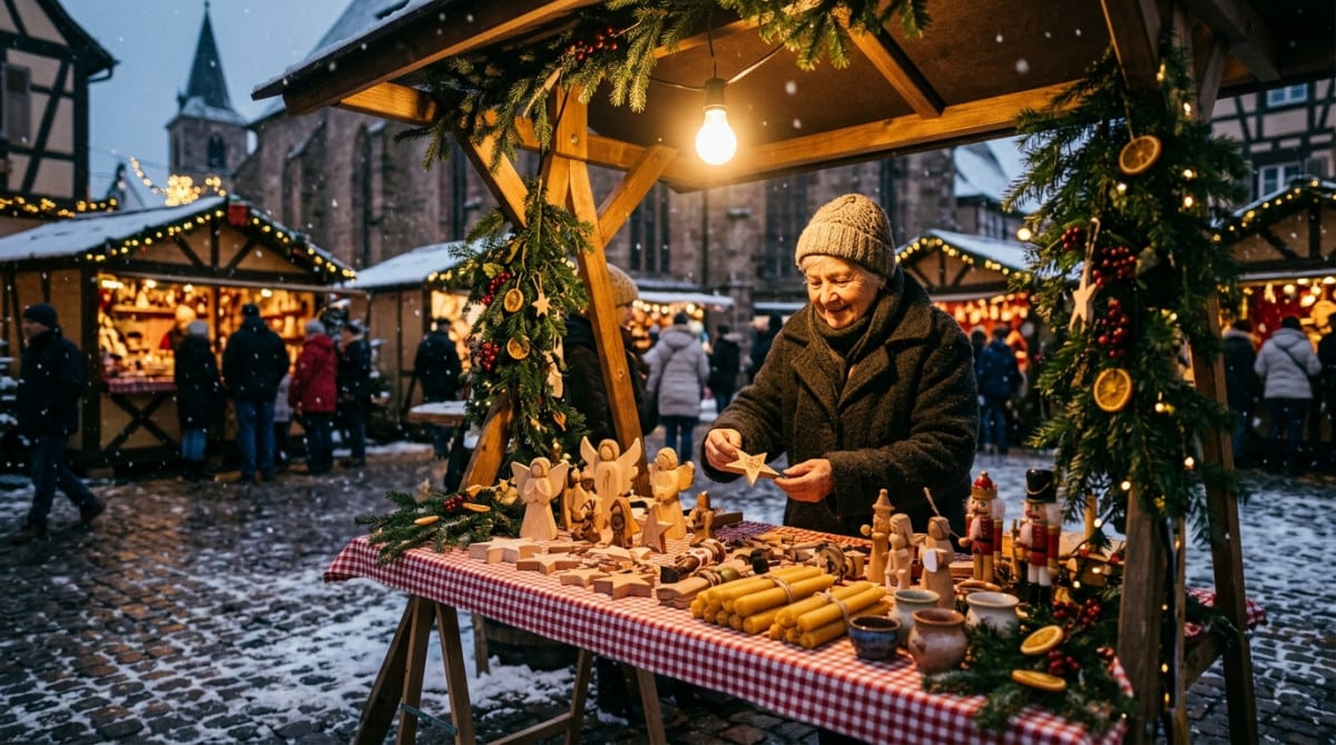 Petit étal artisanal de marché de Noël alsacien années 1980
