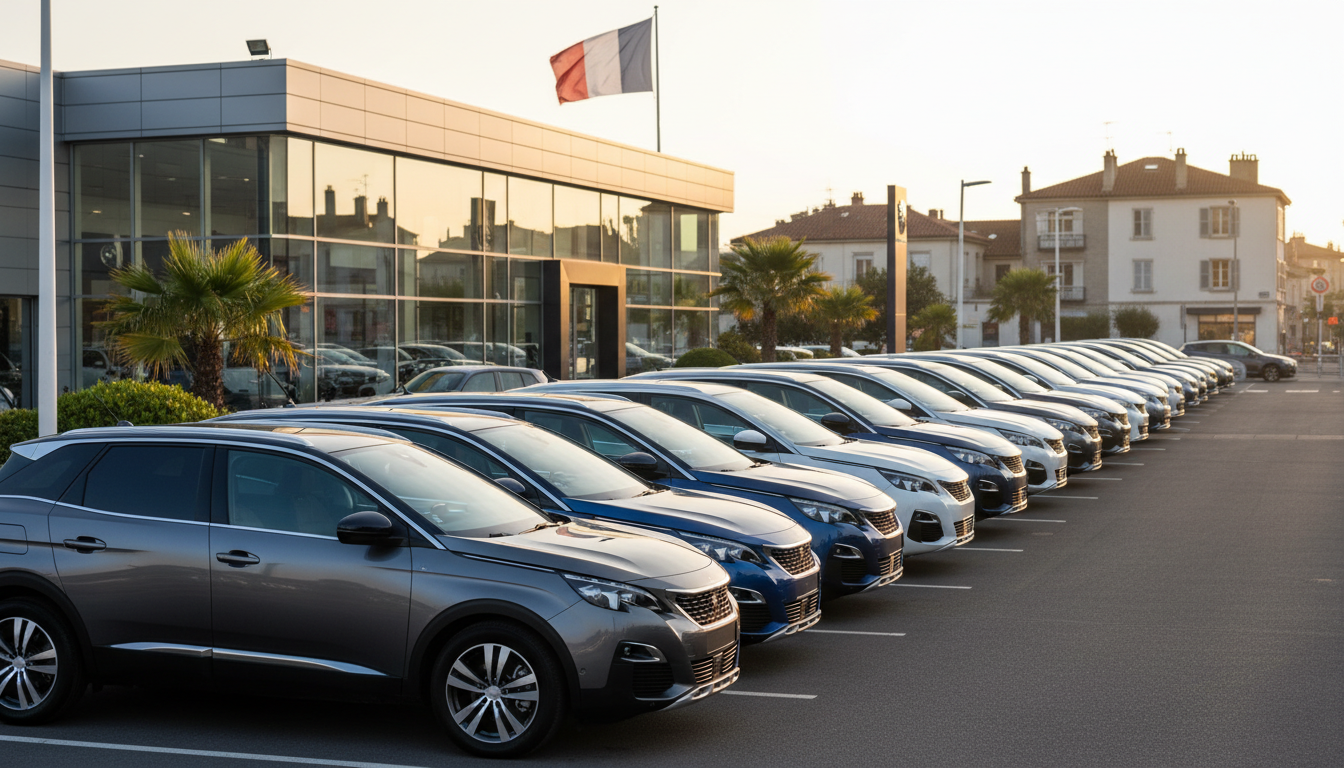 Modèles Peugeot alignés chez un concessionnaire français