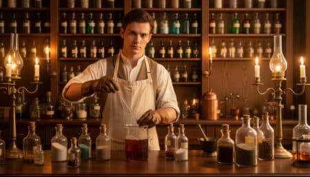 Pharmacien du XIXe siècle préparant une boisson gazeuse en arrière-boutique