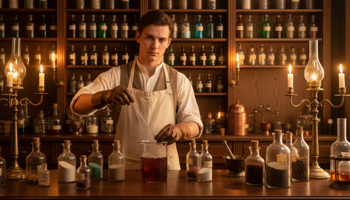 Pharmacien du XIXe siècle préparant une boisson gazeuse en arrière-boutique