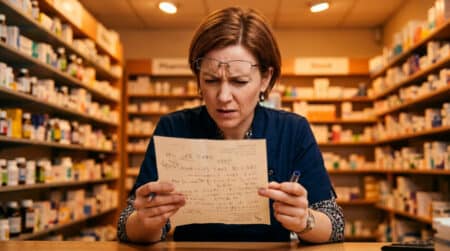 Pharmacien perplexe lisant une ordonnance manuscrite illisible