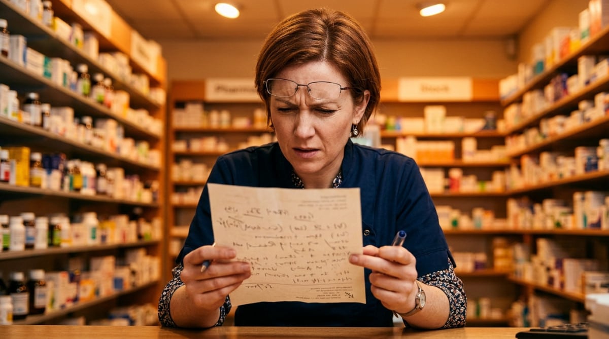 Pharmacien perplexe lisant une ordonnance manuscrite illisible