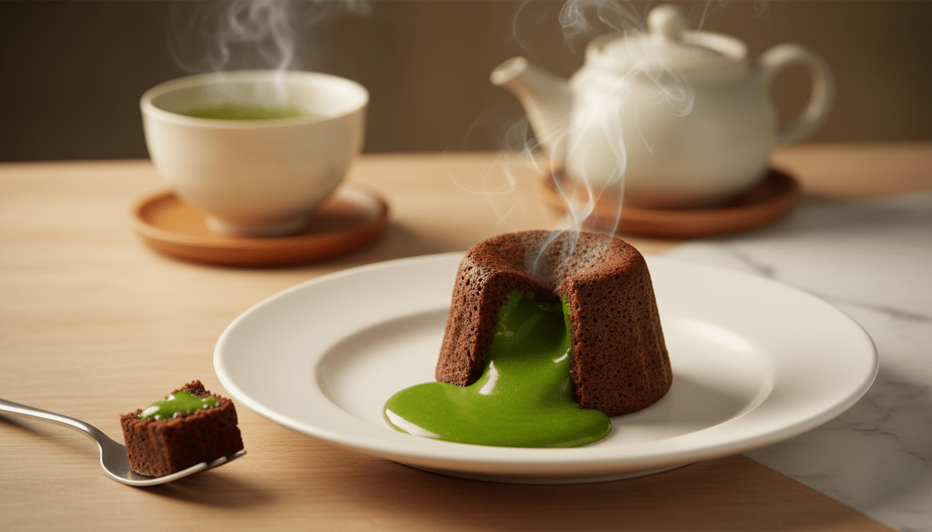 Moelleux chocolat Picard ouvert avec cœur coulant matcha vert