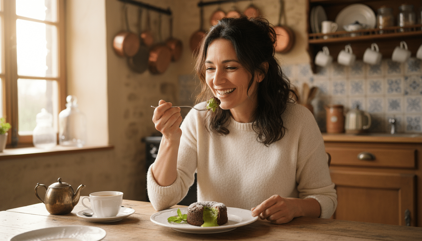 Femme dégustant le nouveau moelleux chocolat matcha Picard