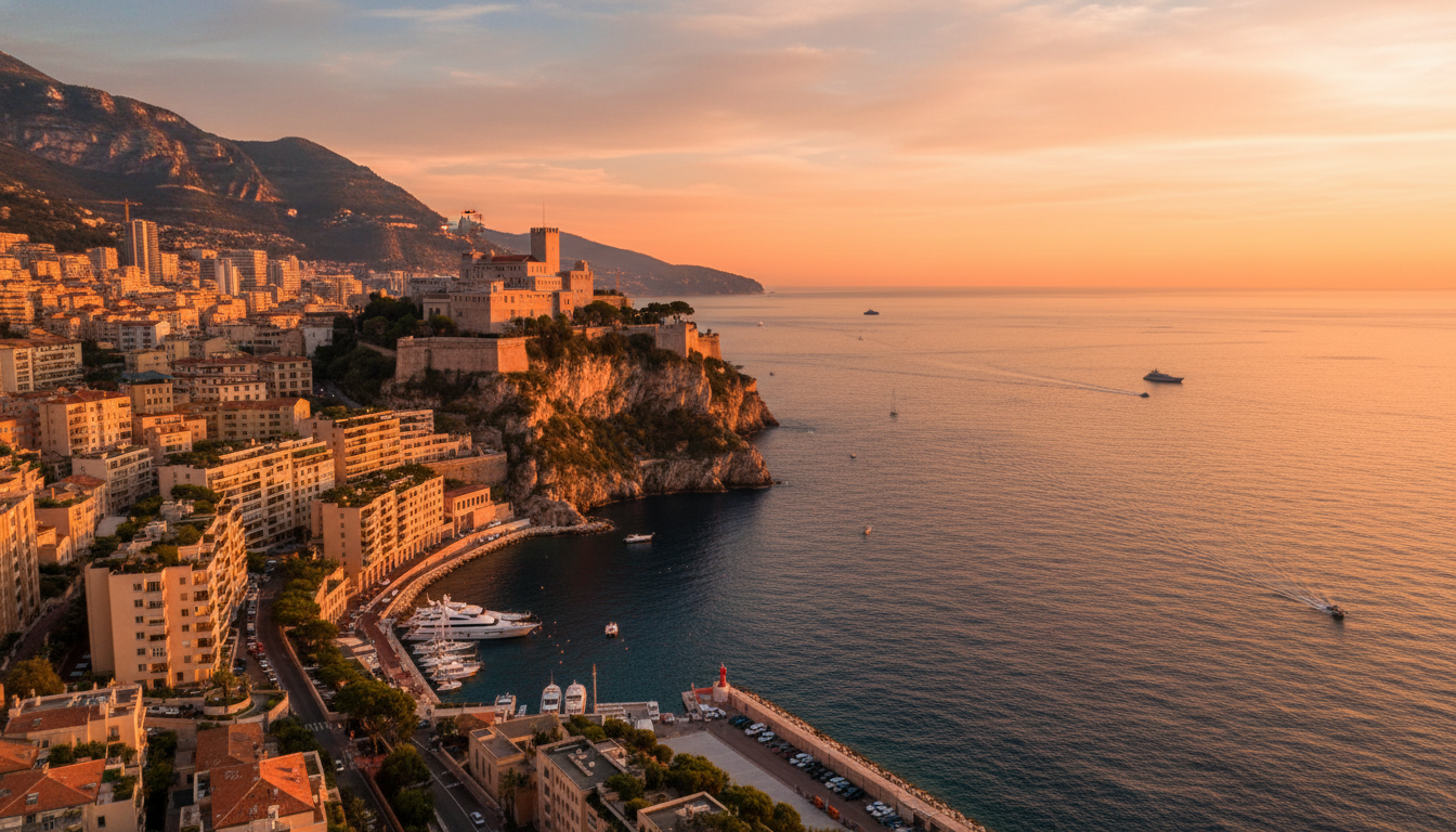 Vue du Rocher de Monaco au coucher du soleil