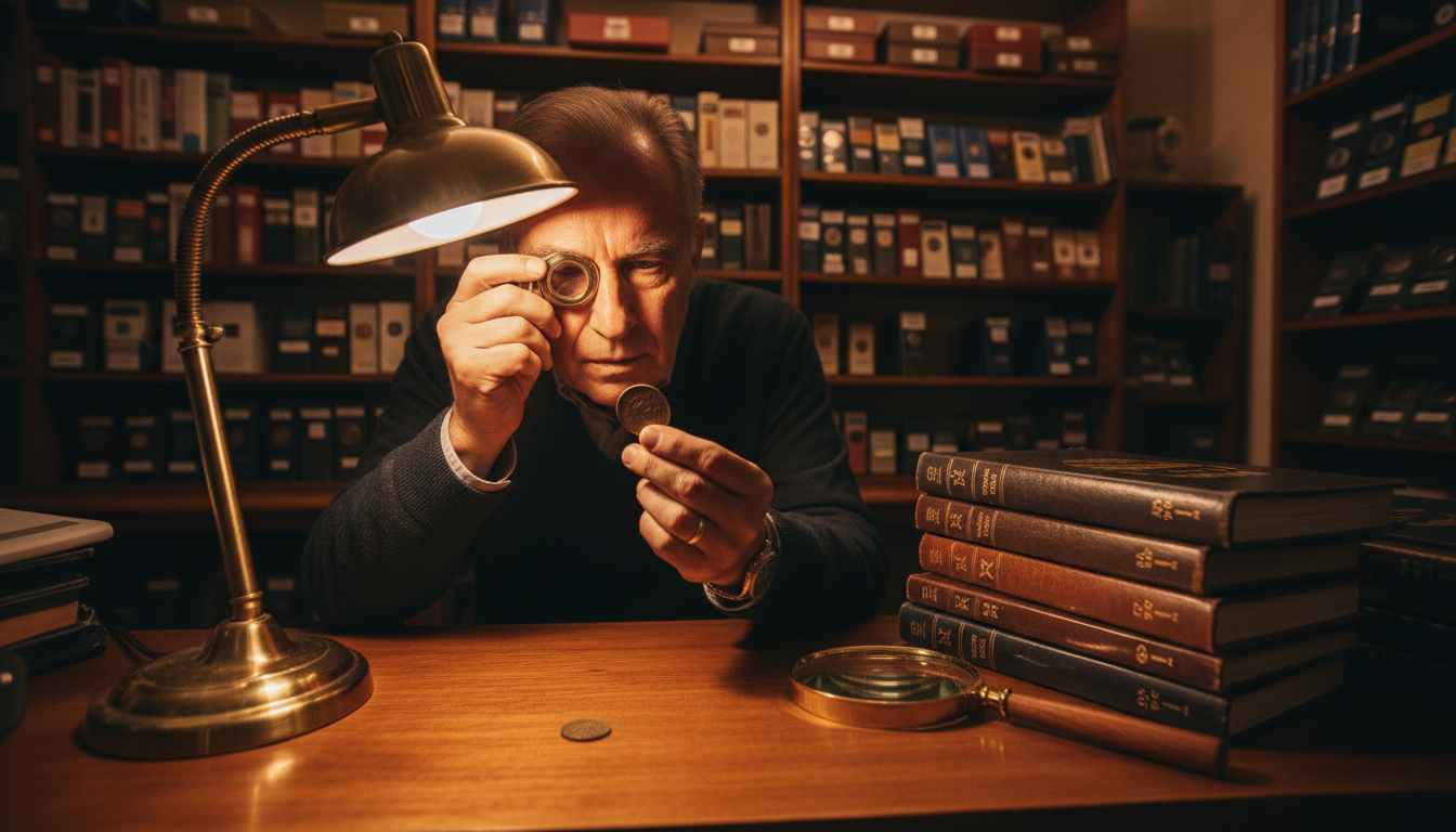 Expert numismate examinant une pièce à la loupe