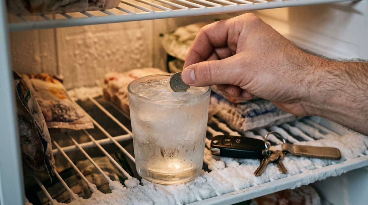 Pièce de monnaie posée sur un verre d'eau gelé dans un congélateur