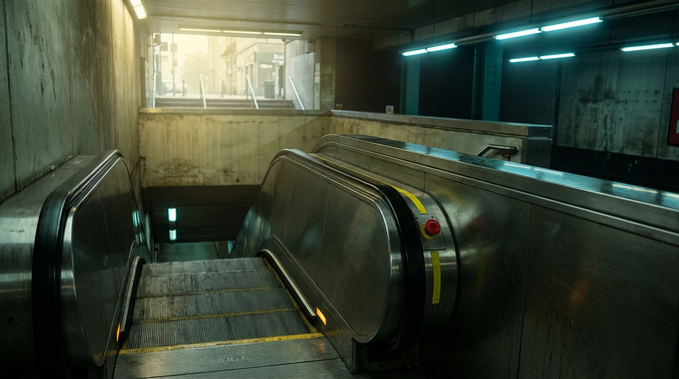 Escalator vide dans une station de métro faiblement éclairée