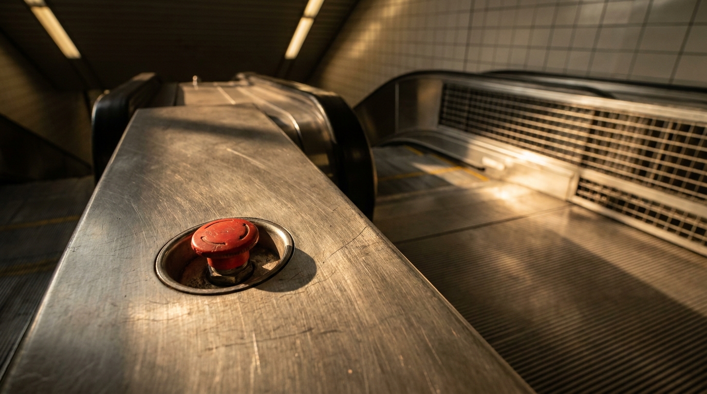Bouton d'arrêt d'urgence rouge sur un escalator de métro